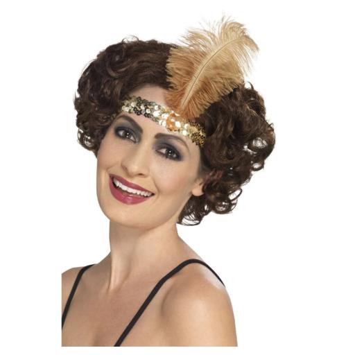 Flapper Headband, Gold, with Feather