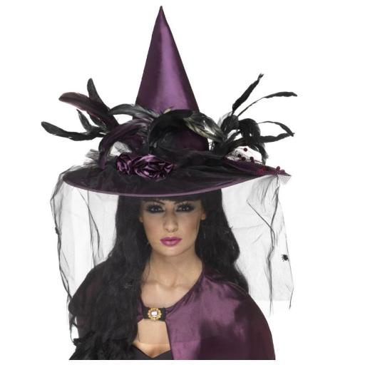 Witch Hat purple with Feathers & Netting, Delux