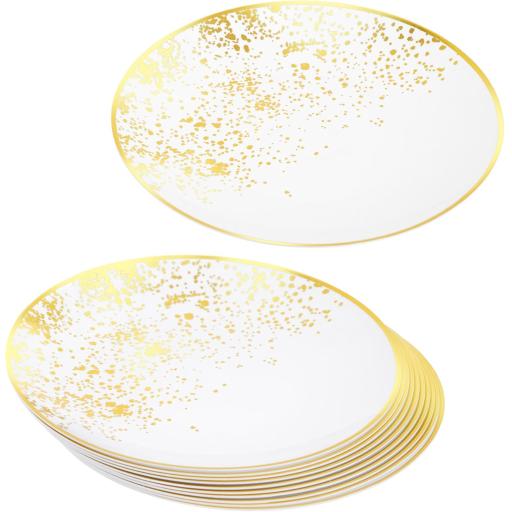 Pack of 10 White and Gold 8" Plastic Dinner Plates 20cm - Golden Dots Sparkle Effect