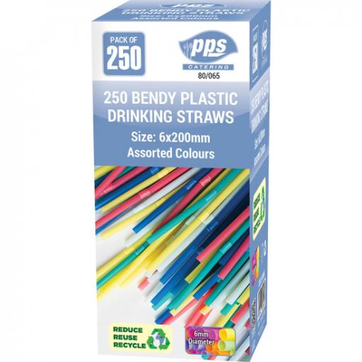 Party Straws Bendy Plastic Assorted 20cm x 6mm 250pce