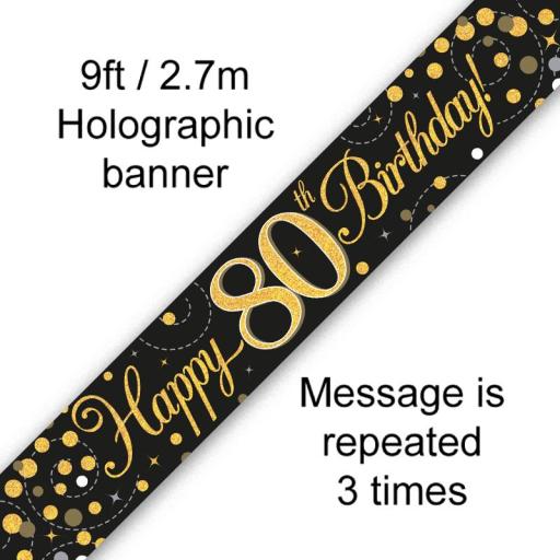 9ft Banner Sparkling Fizz 80th Birthday Black & Gold Holographic