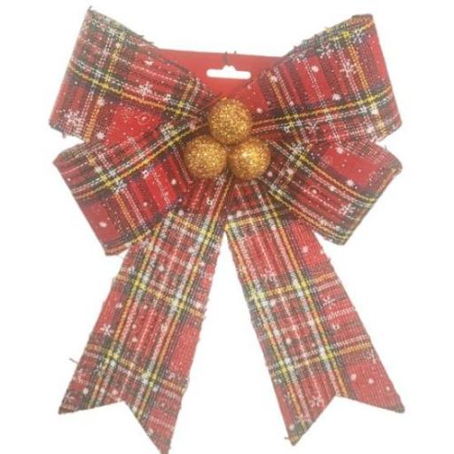 30cm Large Christmas Bow With Berries Tarton Red/Green