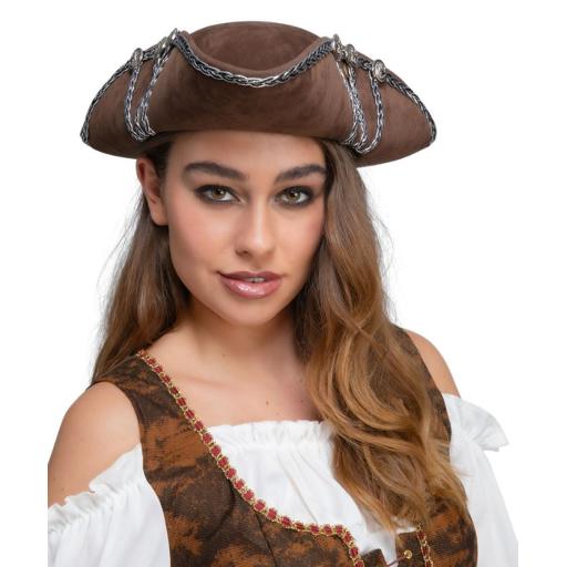 Deluxe Brown Pirate Hat w/Silver Trim