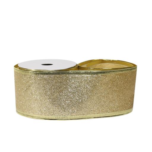 63mm Wired Edge Glittered Ribbon 10 yards Gold