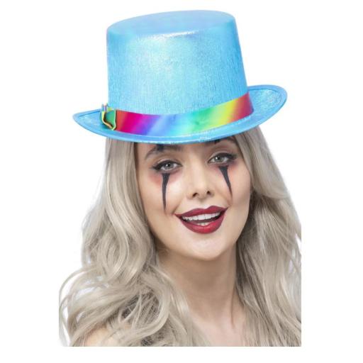 Clown Top Hat, Pearlised Blue, with Rainbow Band