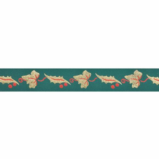 Green/Gold Holly and Ivy Leaves Ribbon - 24mm x  1Meter